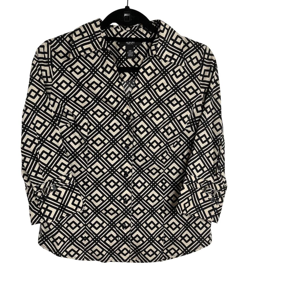 Alfani Women’s Petite 10 Button Down 3/4 Sleeve Blouse Top Geometric Print